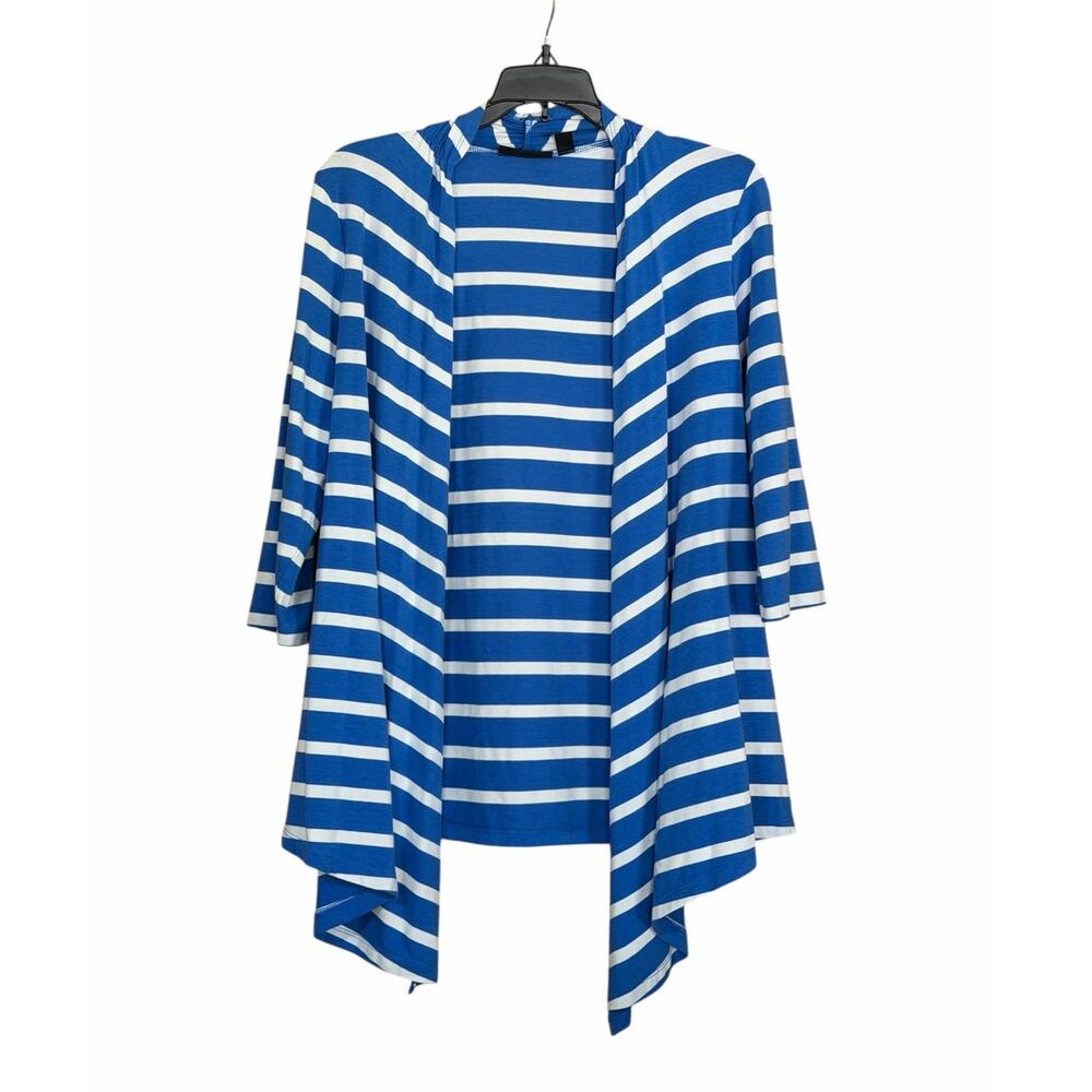 Susan Graver Oversized Stripe Cotton Modal 3/4 Sleeve Cardi Wrap Blue White XS